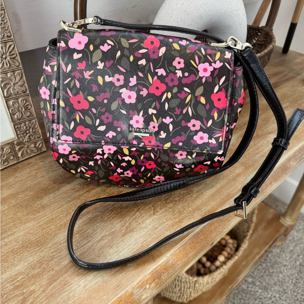 kate spade Black Floral Crossbody Bag with Pink & Red Blooms